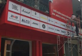 Mặt dựng alu đỏ hệ thống showroom âm thanh Bảo Châu: hai cửa hàng