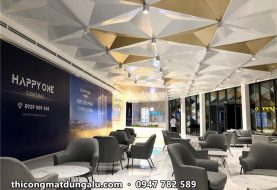 Trần alu tam giác 3D trắng và vàng đồng cho sảnh nhà mẫu Happy One Central