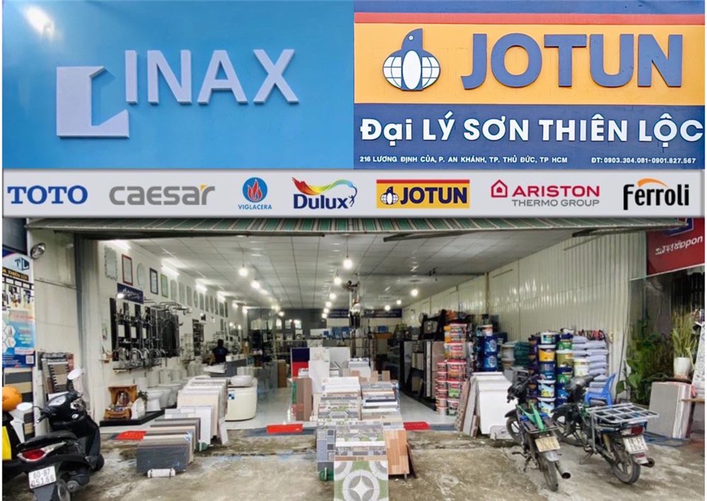Đại lý sơn Thiên Lộc với logo Inax, Jotun phía trên và dải logo thiết bị vệ sinh
