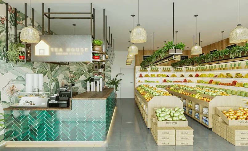 Phối cảnh nội thất cửa hàng trái cây với kệ gỗ nhiều tầng và quầy thu ngân ốp gạch xanh