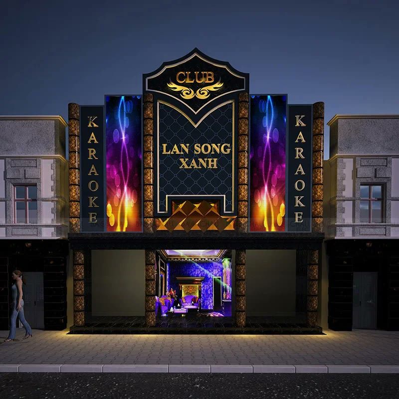 Phối cảnh mặt tiền karaoke club với cột màn hình LED hai bên