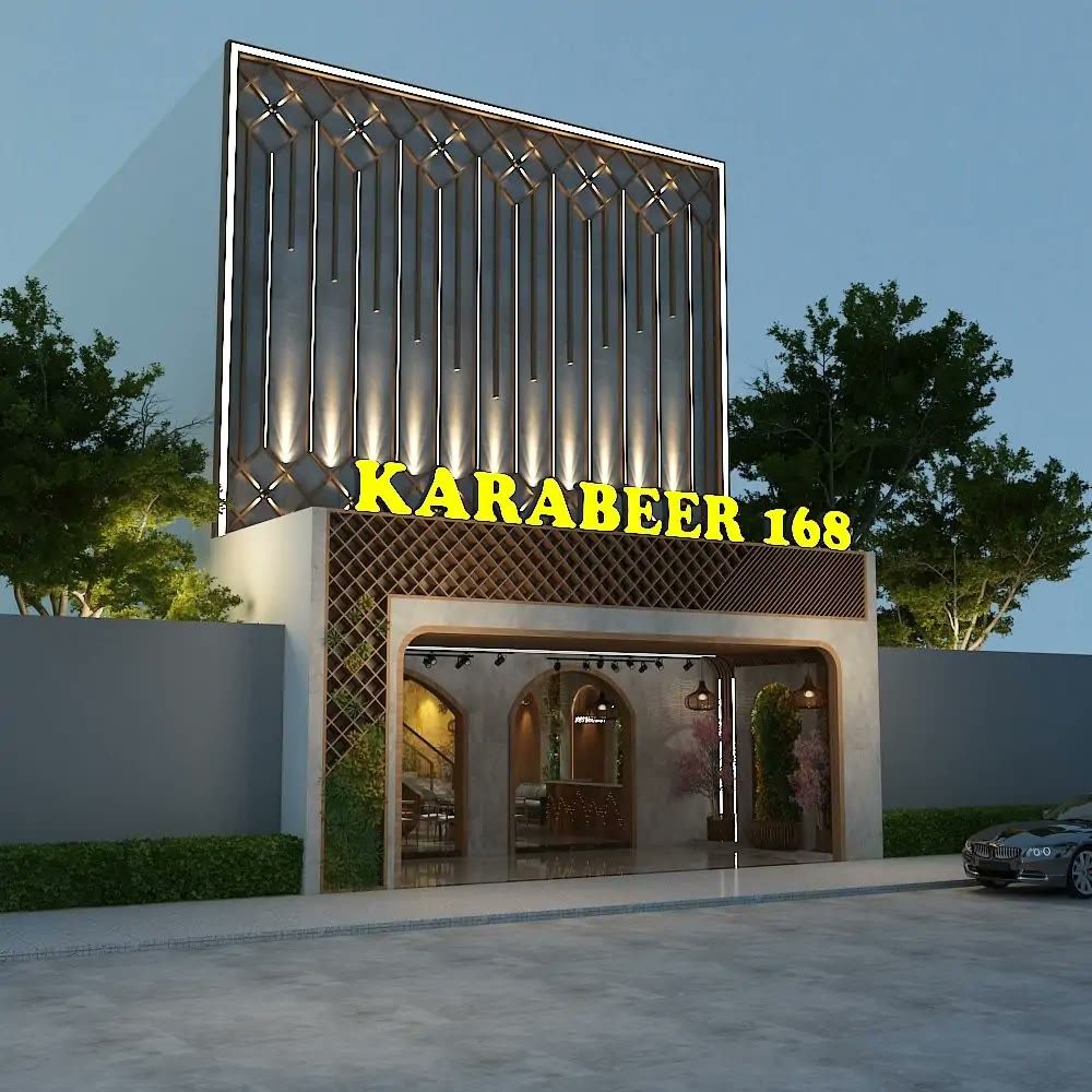 Phối cảnh mặt tiền karaoke tối giản với chữ nổi vàng và đèn hắt