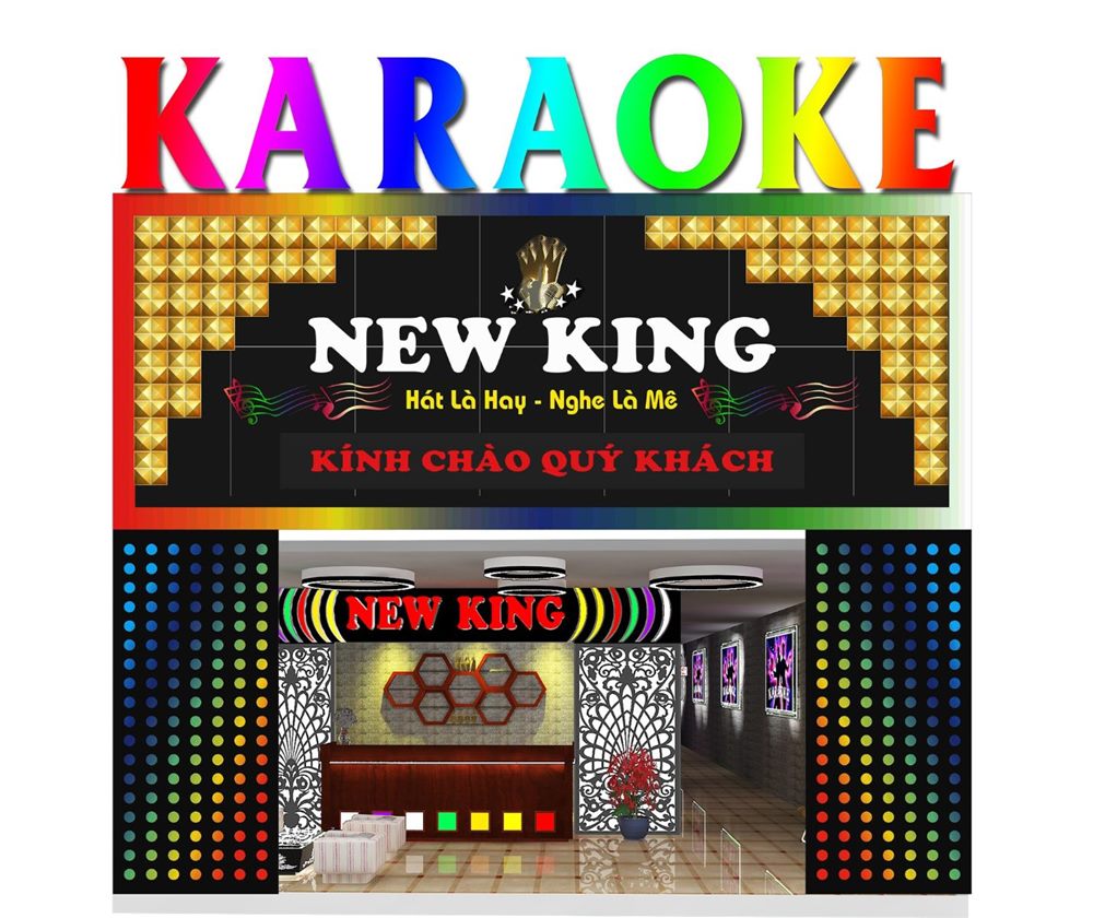 Phối cảnh mặt tiền karaoke với chữ nổi nhiều màu và vách LED điểm