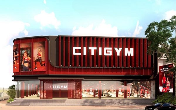 Phối cảnh phòng gym chuỗi với mặt dựng nan đỏ và chữ nổi trắng