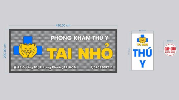 Bản vẽ bảng hiệu phòng khám thú y kèm kích thước và hộp đèn dọc