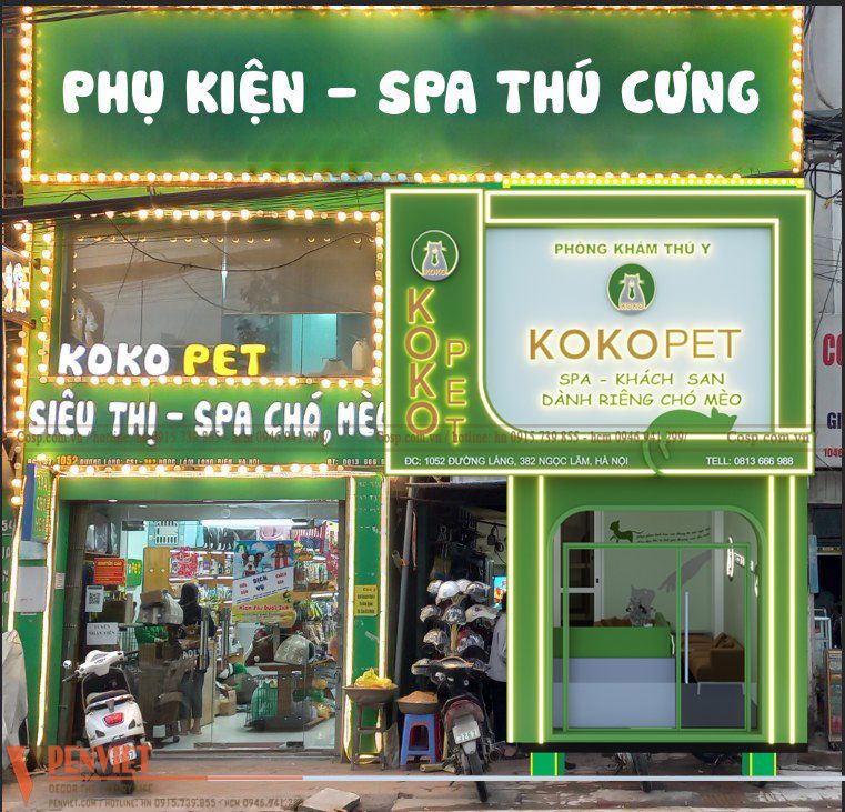 Mặt tiền pet shop nền xanh lá với viền đèn LED và nhiều bảng dịch vụ