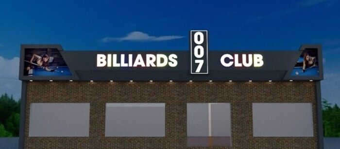 Phối cảnh mặt tiền billiards club nhà gạch với bảng tối và số dọc ở giữa