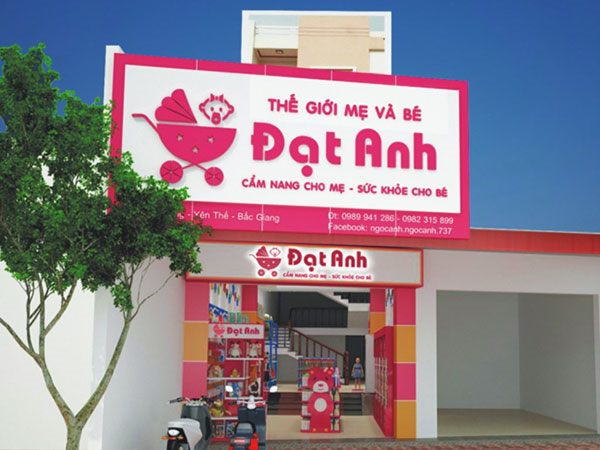 Phối cảnh mặt tiền cửa hàng mẹ và bé Đạt Anh tông hồng trắng với logo xe đẩy