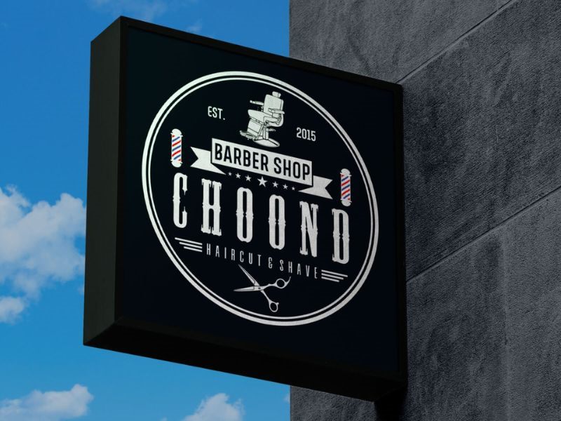 Hộp đèn vuông treo tường của barber shop, logo tròn nền đen