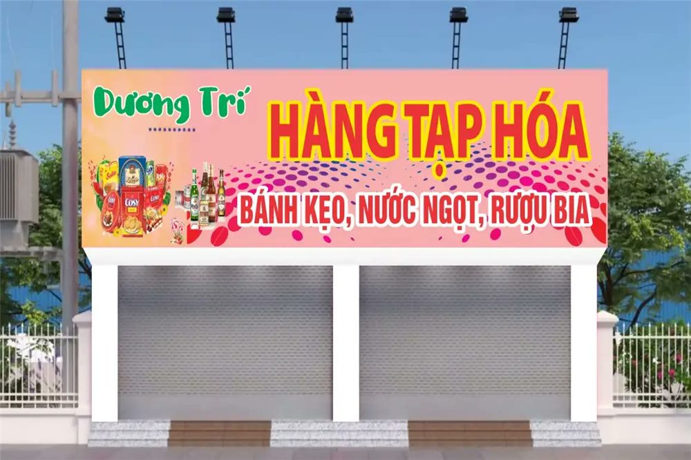 Phối cảnh bảng hiệu cửa hàng tạp hóa in bạt nhiều màu
