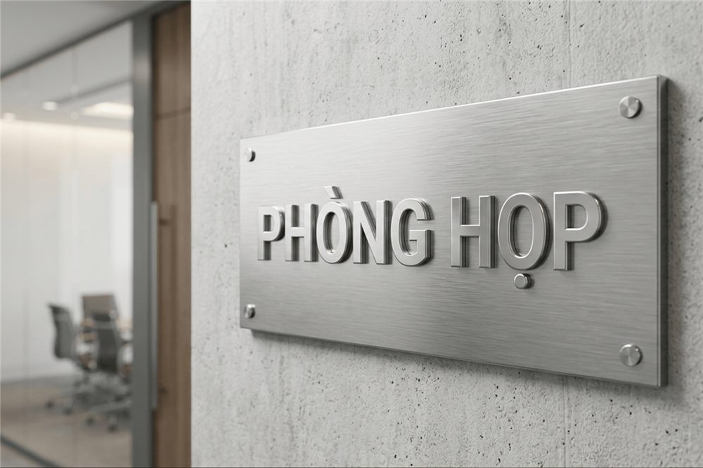 Biển phòng họp inox xước gắn trên tường bê tông