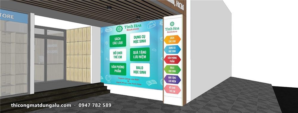Phối cảnh 3D lối vào nhà sách với tường danh mục xanh và biển dọc hai bên