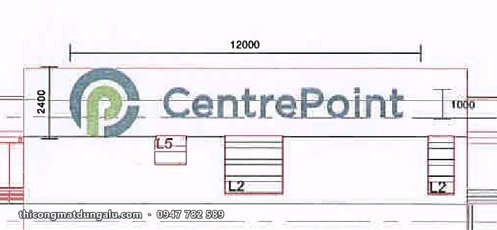 Bản vẽ kỹ thuật logo CentrePoint dài 12 mét với các kích thước chiều cao chữ