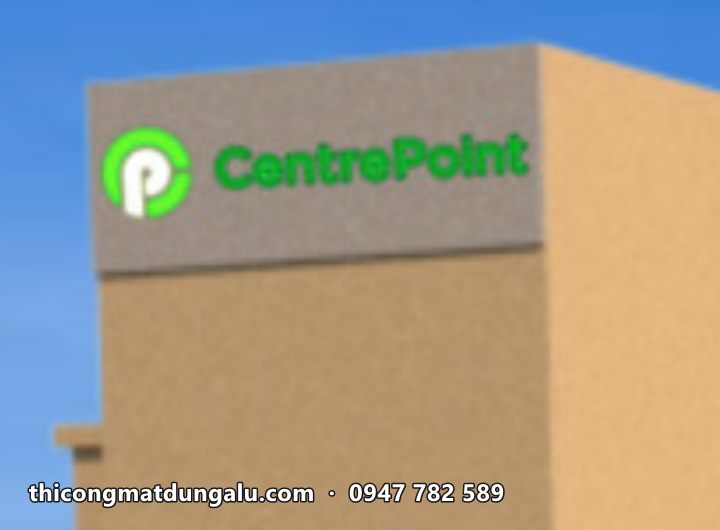 Phối cảnh logo CentrePoint màu xanh lá trên đỉnh khối tháp màu be