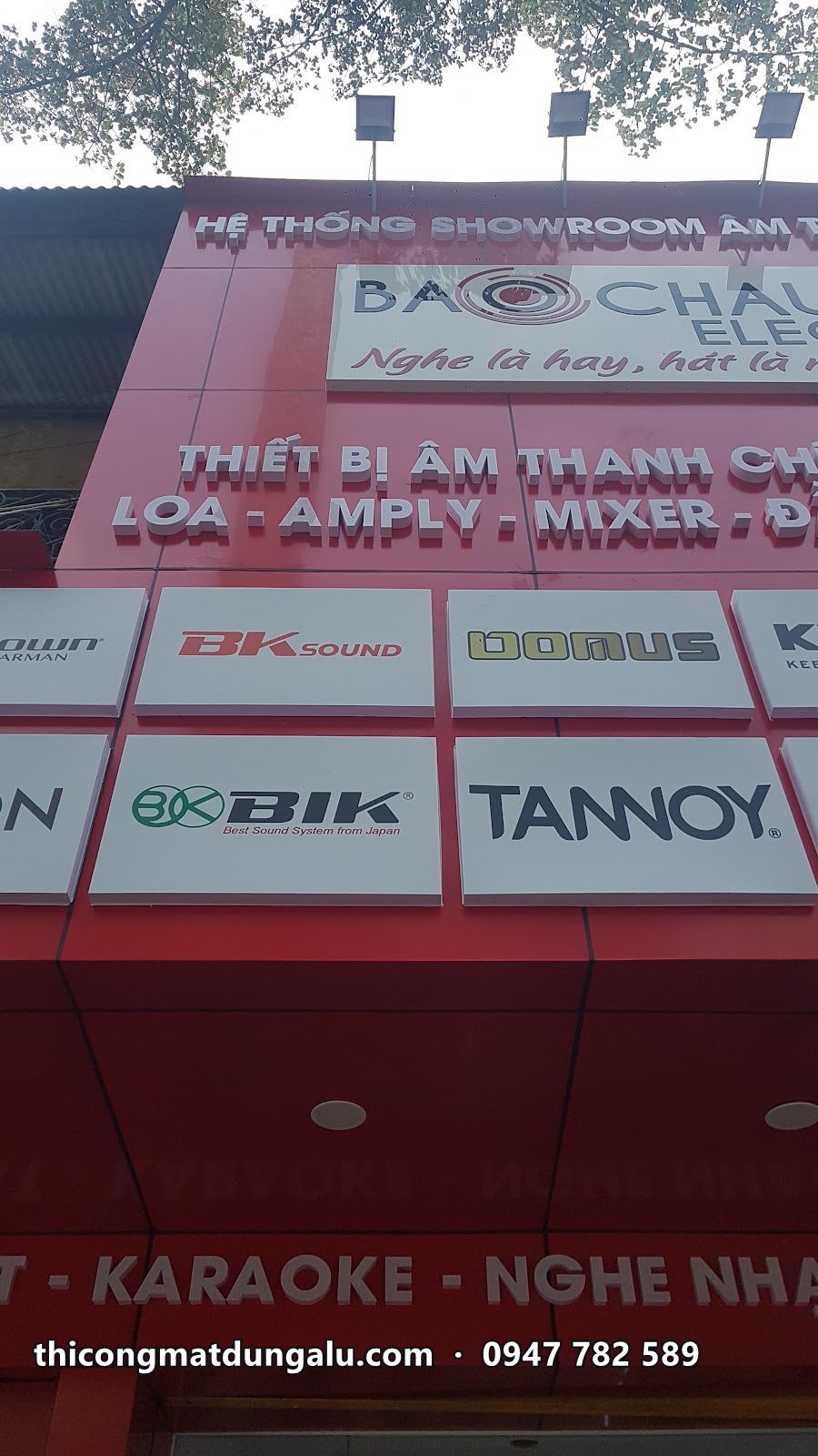 Bảng hiệu hệ thống showroom âm thanh Bảo Châu với dòng loa amply mixer và logo các hãng