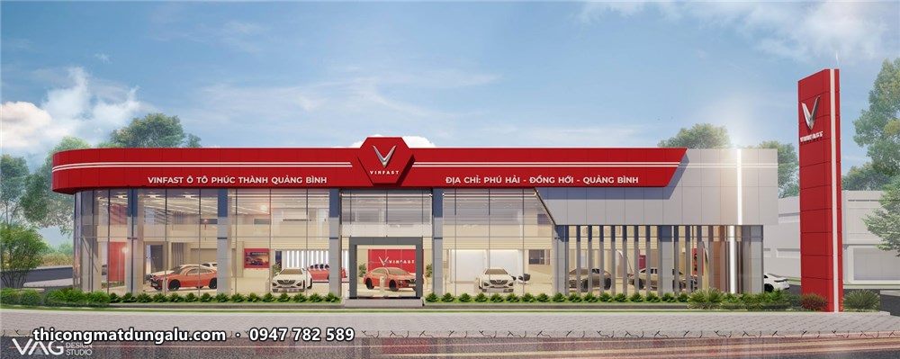 Phối cảnh showroom VinFast với dải mái cong đỏ, khối hộp trắng và trụ pylon đỏ