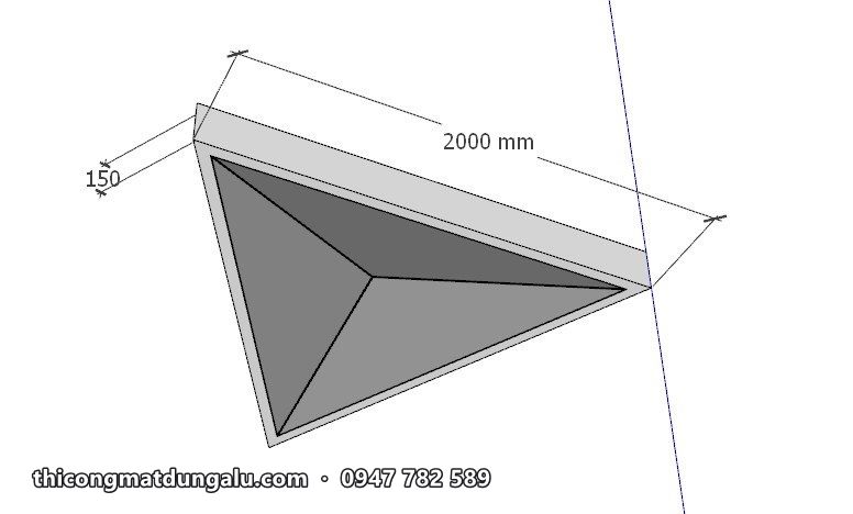 Bản vẽ 3D module tam giác gập nổi, ghi kích thước cạnh 2000 mm