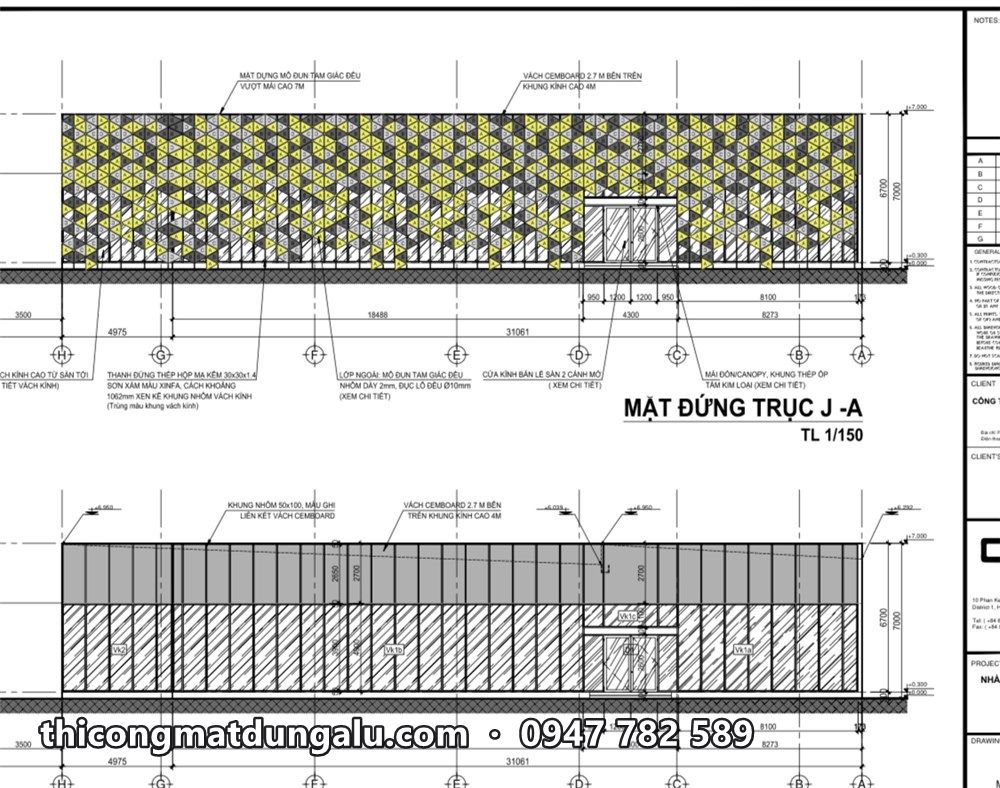 Bản vẽ mặt đứng trục J-A thể hiện lưới tam giác ba màu trên toàn mặt dựng