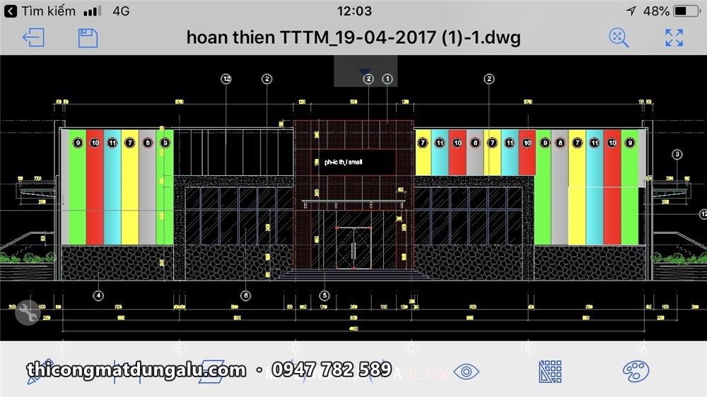 Bản vẽ mặt đứng hoàn thiện trung tâm thương mại với các sọc màu và khối sảnh ở giữa