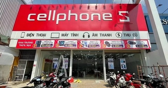 Mặt tiền cửa hàng điện thoại nền đỏ chữ trắng cỡ lớn