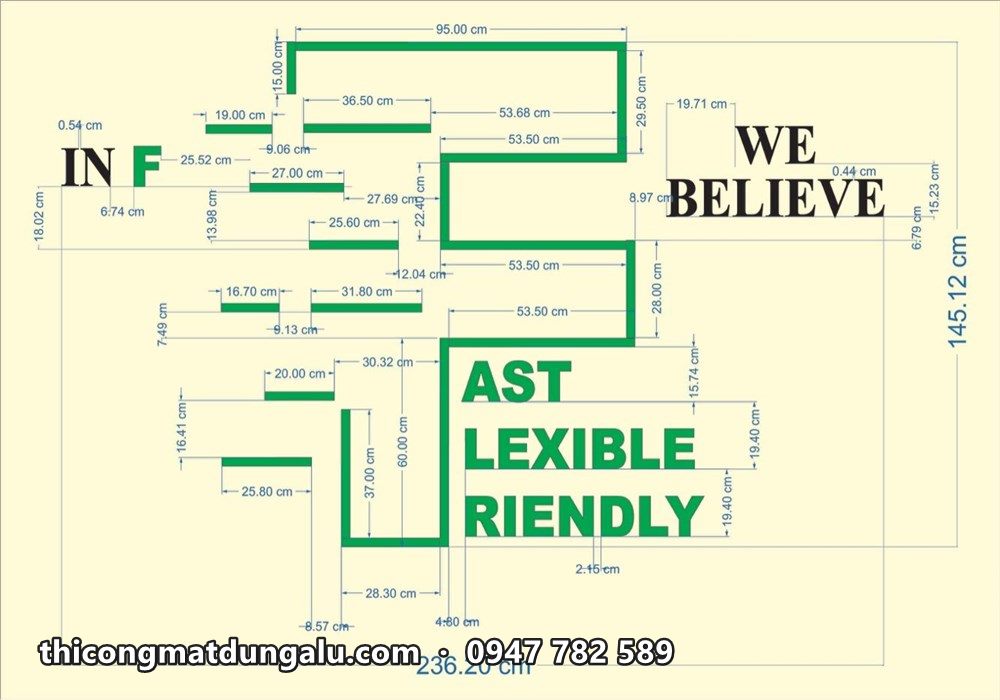 Bản vẽ chữ F khổ lớn với các chữ Fast Flexible Friendly và We Believe