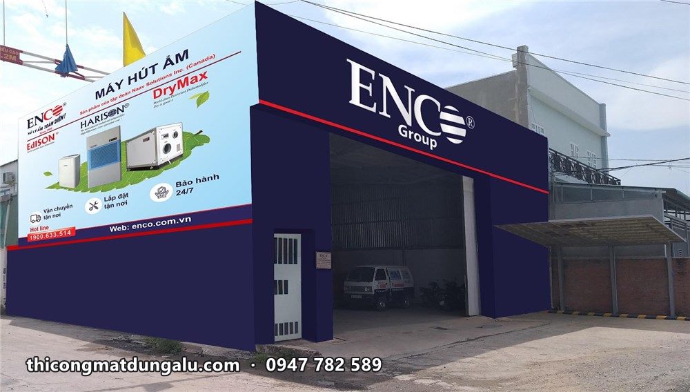 Nhà xưởng ENCO ốp alu xanh, mảng hình sản phẩm ở hông nhà