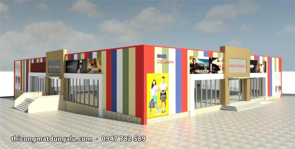 Phối cảnh 3D trung tâm thương mại với khối sảnh màu kem giữa mặt dựng sọc màu