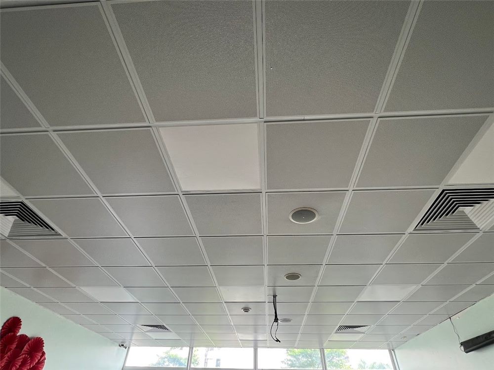 Trần nhôm thả trắng sáng trong không gian rộng có cửa kính lớn