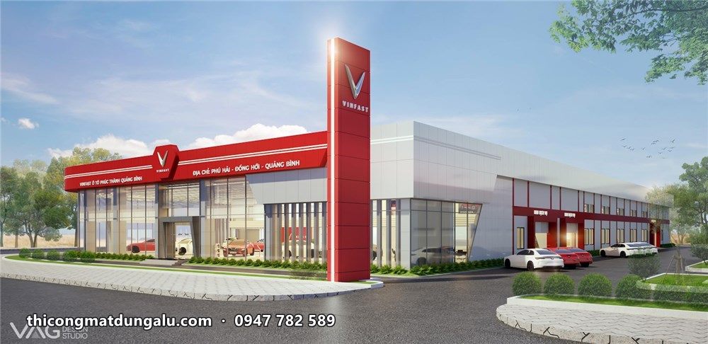 Phối cảnh showroom VinFast với trụ pylon đỏ đứng bên phải mặt tiền