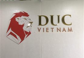 Logo công ty gắn tường văn phòng và chữ trên mặt tiền: bảy công trình
